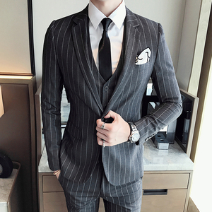 青年礼服单排扣绅士英伦潮流条纹西服套装三件套男韩XF20P265商务图片