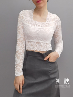半截秋季女士t恤打底衫女装上衣长袖修身蕾丝百搭白色