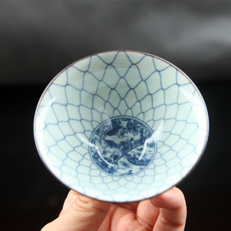 陶瓷茶杯老青花斗笠杯功夫茶具茶碗茶盏复古单杯主人杯品茗杯日式