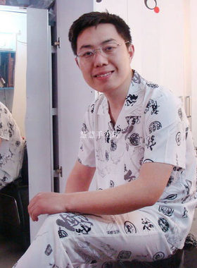 夏男式翻领前开衫短袖人造棉睡衣