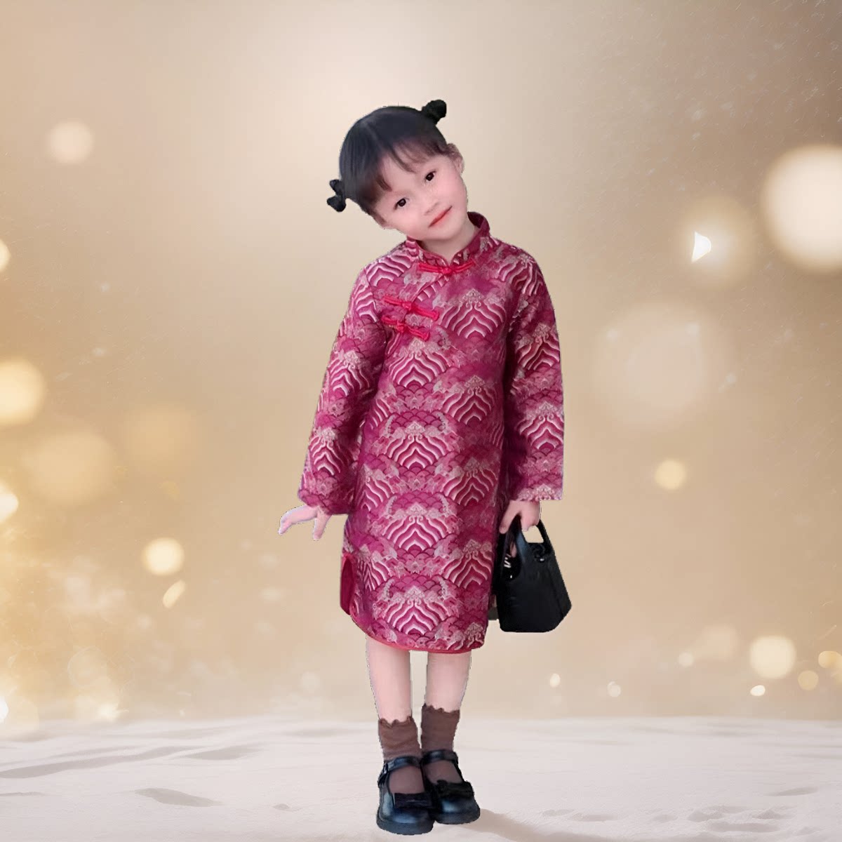 龙年女童长袖旗袍年服秋冬季夹棉中国风唐装拜年服中式红色连衣裙