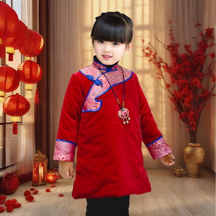 天鹅绒女童手工唐装过年喜庆冬季棉服儿童中式国风旗袍夹棉拜年服
