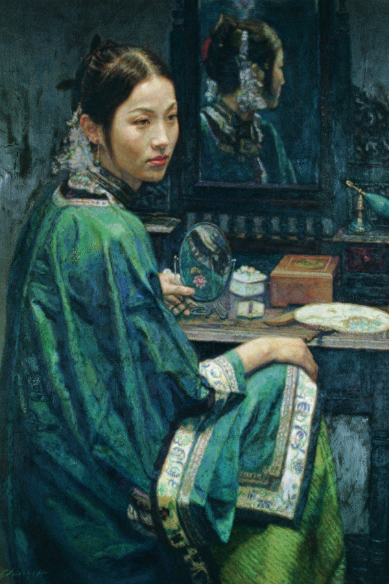 陈逸飞油画 正在化妆的美女 名家油画作品  陈逸飞