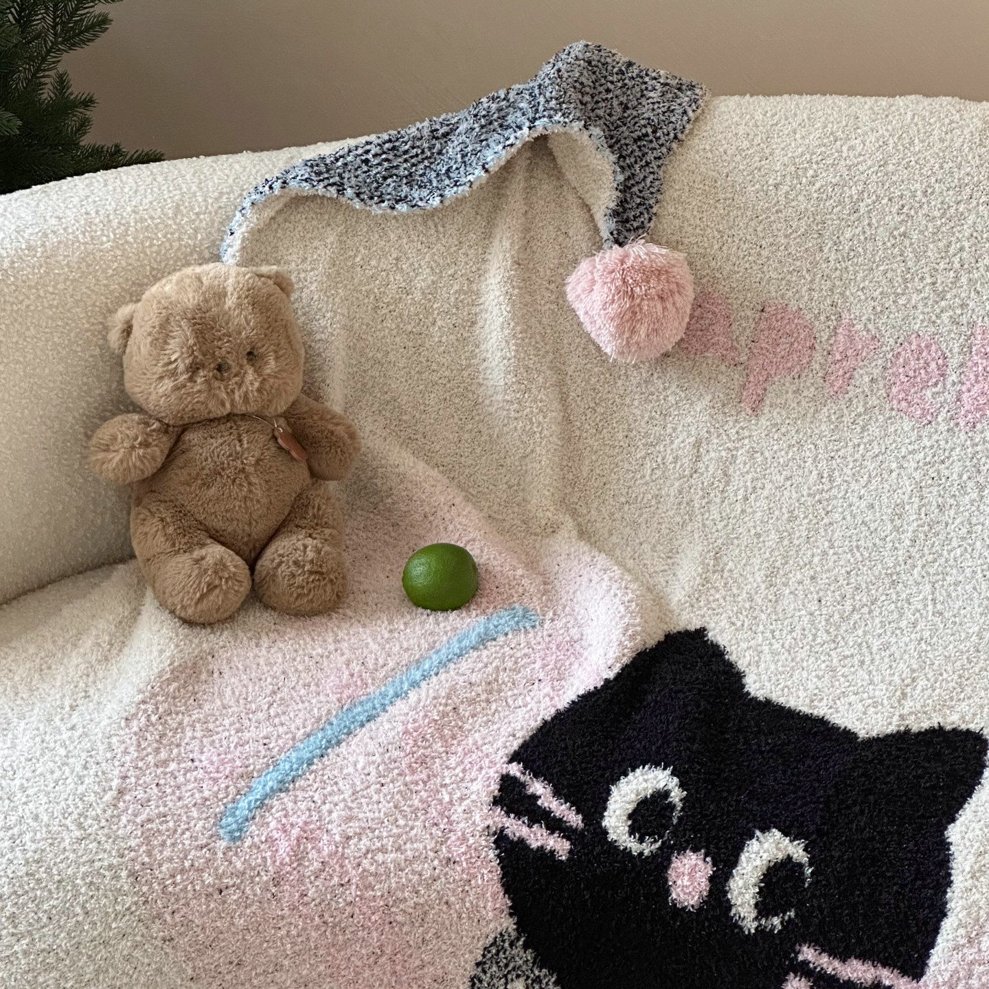 毛球款小黑猫文艺少女风半边绒毛毯 办公室沙发卧室盖毯针织毯子