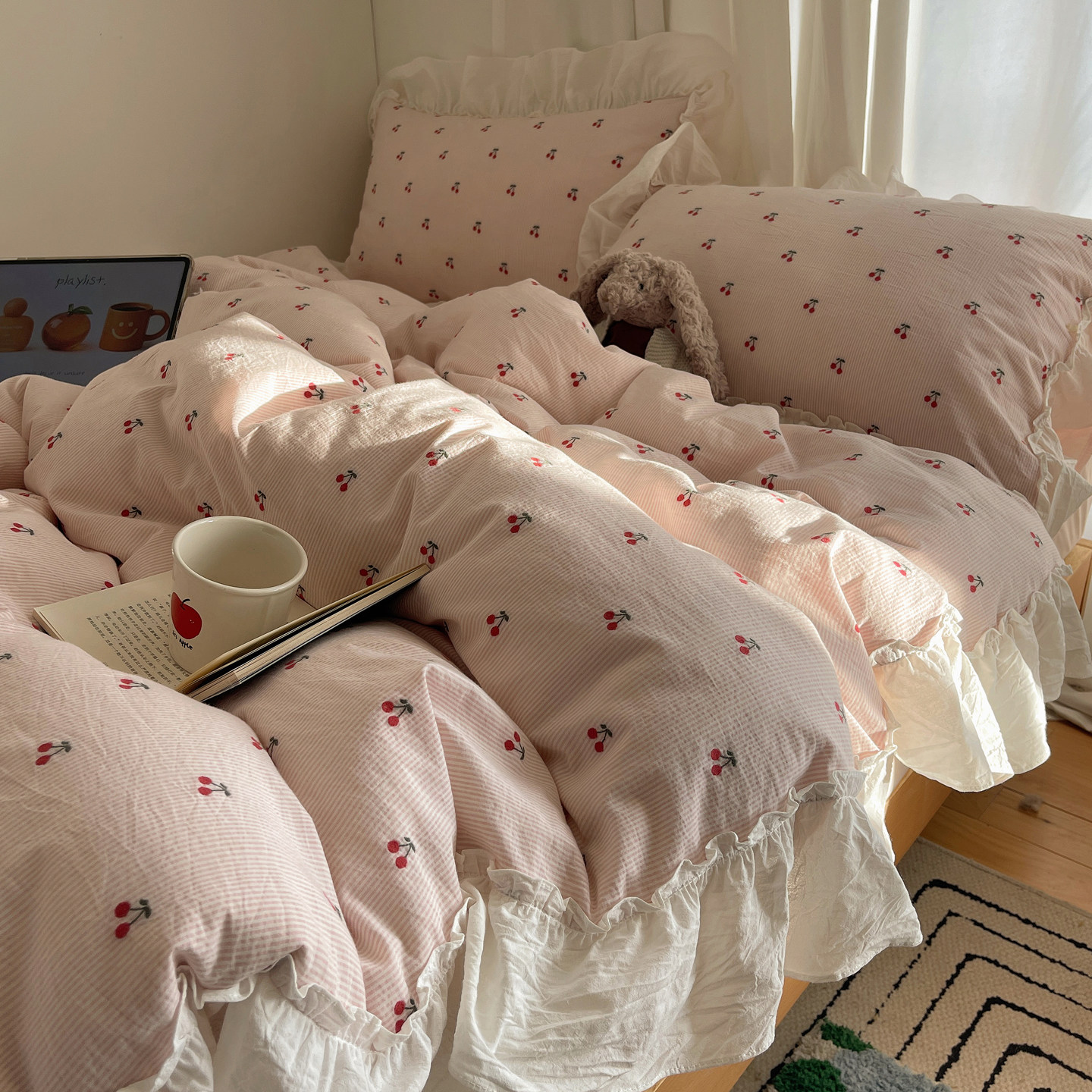 花边全棉色织提花小樱桃四件套纯棉100被套1.5m1.8米床上三件套