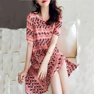 洋气2023夏季新款雪纺连衣裙圆领a字显瘦百搭长裙时尚花色裙子女