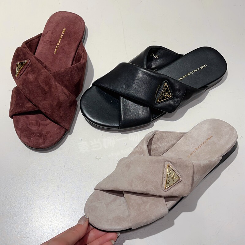 WM6欧货羊皮金属交叉带女凉拖鞋