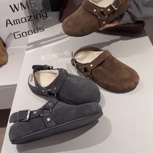 WM6欧洲站2025冬新款牛猄皮羊羔毛里金属皮带扣两穿镂空勃肯女鞋