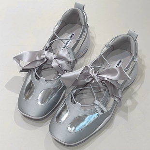 欧洲站WM6时尚闪银真丝真皮丝带蝴蝶结松紧橡筋方头厚底休闲女鞋