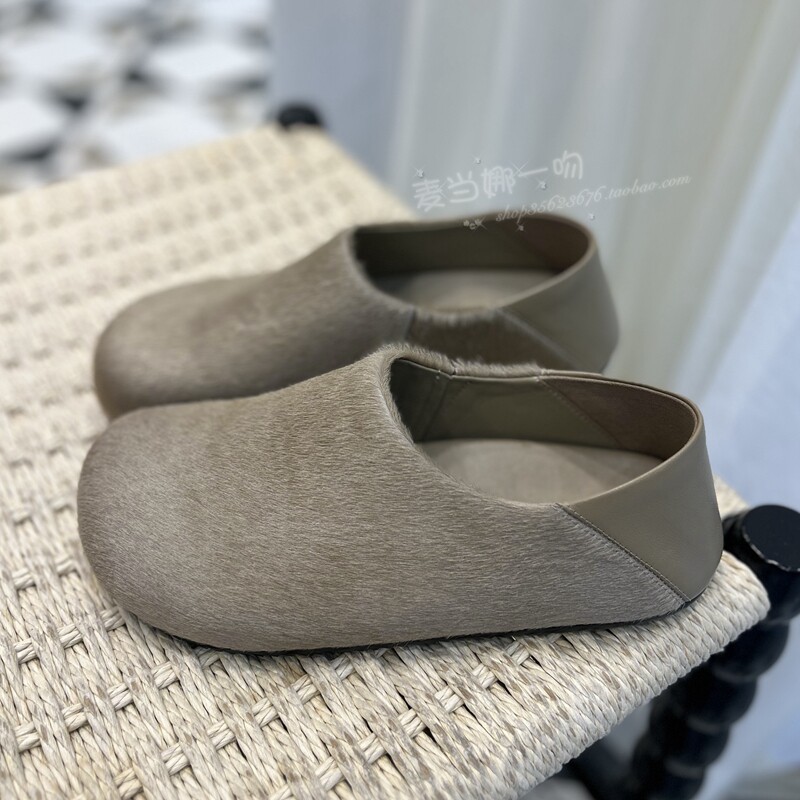欧洲站WM6春夏马毛真皮时尚圆头踩跟两穿复古厚底勃肯鞋半拖鞋女