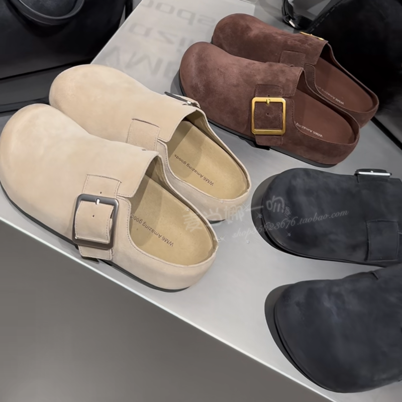 WM6牛猄皮圆头皮带扣包头勃肯拖