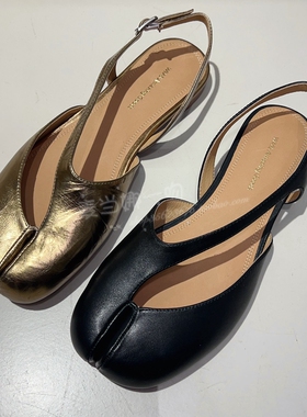 2026欧洲站WM6夏新款真皮时尚黑金分趾包头后绊带镂空平底凉鞋女