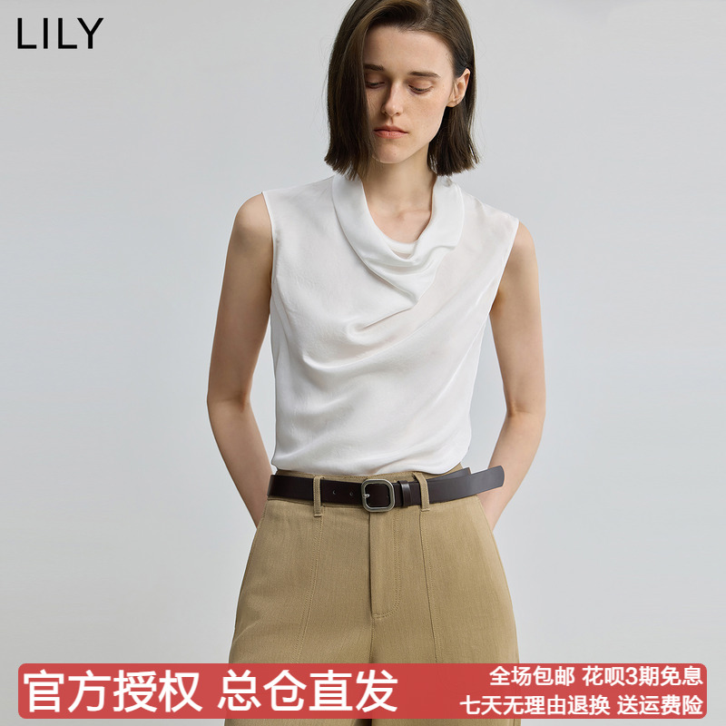 【100%醋酸】商场同款LILY2025秋新款女装极简风荡领斜裁套头衫