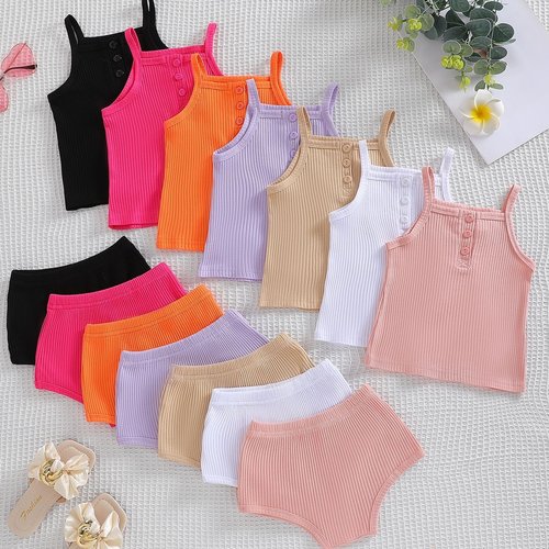 男女童套装25夏季宝宝纯色吊带上衣短裤日韩系儿童睡衣同款两件套