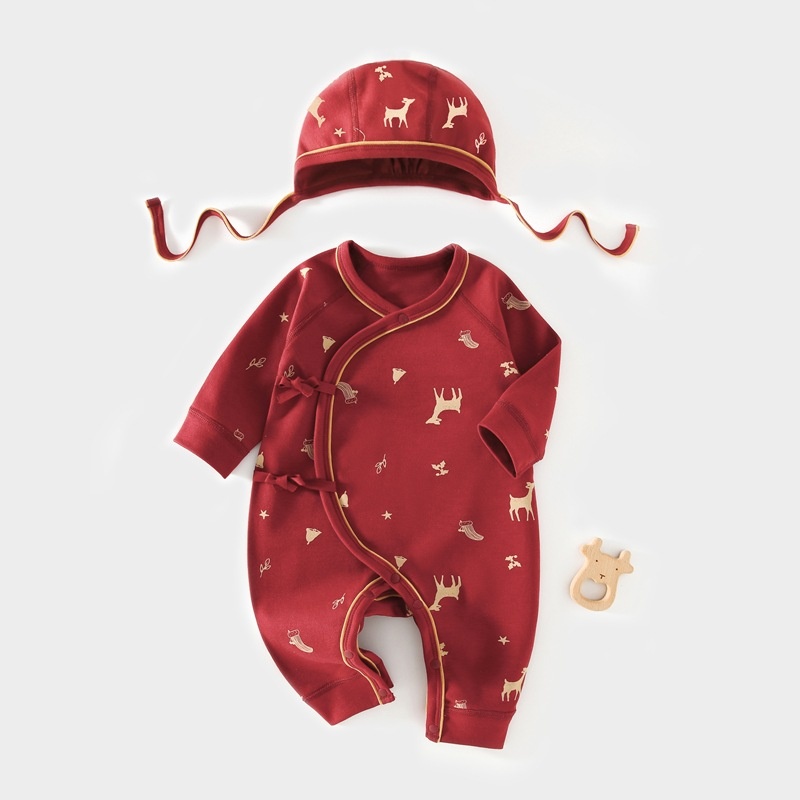 新生儿蝴蝶衣新年拜年服婴儿纯棉无骨连体衣带帽男女宝宝哈衣长袖