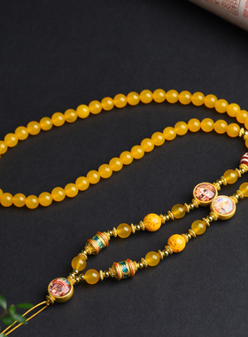 新中式天然黄玛瑙唐卡项链女款轻奢小众设计感毛衣链送女友礼物C