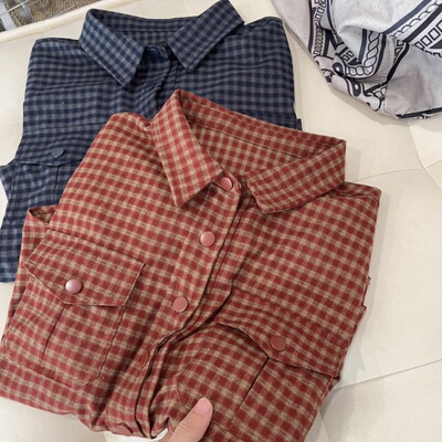 新系列春季韩系简约休闲百搭撞色格子翻领长袖衬衫