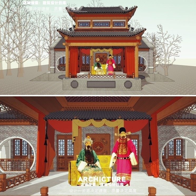 西北中式古建筑古代明清戏楼戏台京剧角色人物舞台草图大师su模型