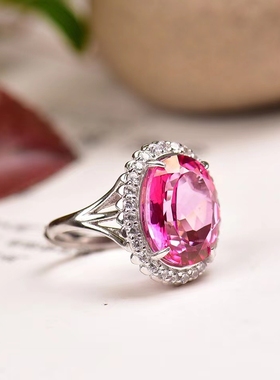 天然红托帕石戒指女925银镀白金彩宝水晶指环流行饰品礼物附证书