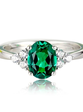 轻奢精致美货培育祖母绿戒指女款简单925银镀18K白金宝石指环流行