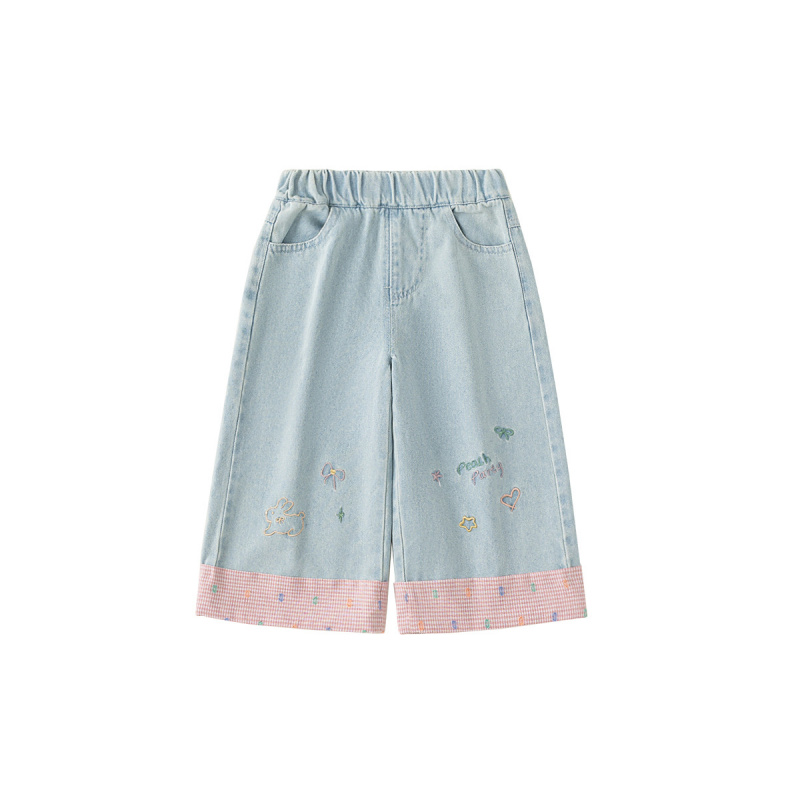 童装女童格纹绣花牛仔裤春款儿童