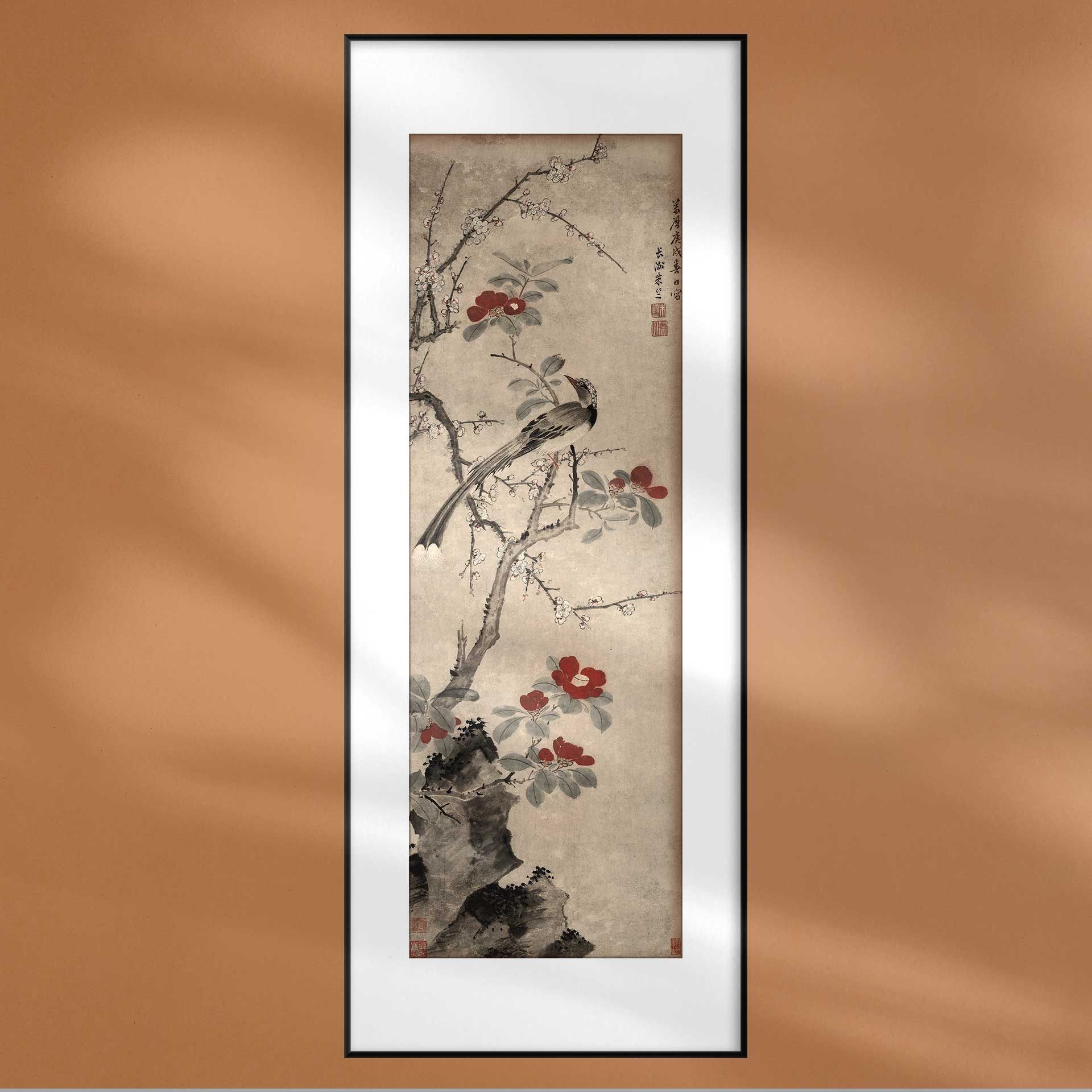 中国画花鸟水墨花卉梅花茶花山雀装饰画书房客厅挂画定制中式画框图片