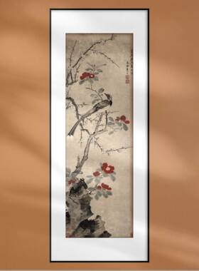 中国画花鸟水墨花卉梅花茶花山雀装饰画书房客厅挂画定制中式画框