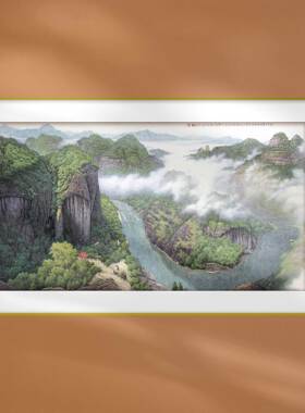 装饰画青绿山水长江风景中国画办公室风水镇宅画新中式客厅背景墙