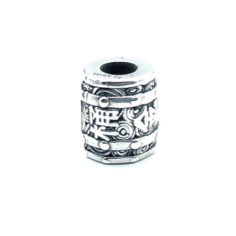 S999纯银3D复古做旧硬足泰银六字真言八边形桶珠红黑绳款手链配件