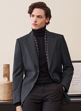 【半麻衬】吉约蒙羊毛西装男外套深灰色格子西服商务休闲格纹单西