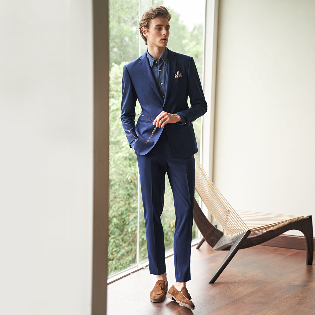 吉约蒙西服套装男宝蓝色结婚西装