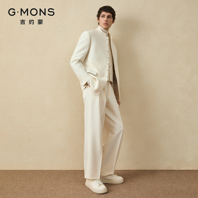 【廓版中山装】吉约蒙男米白新中式西服套装新郎结婚礼服立领西装