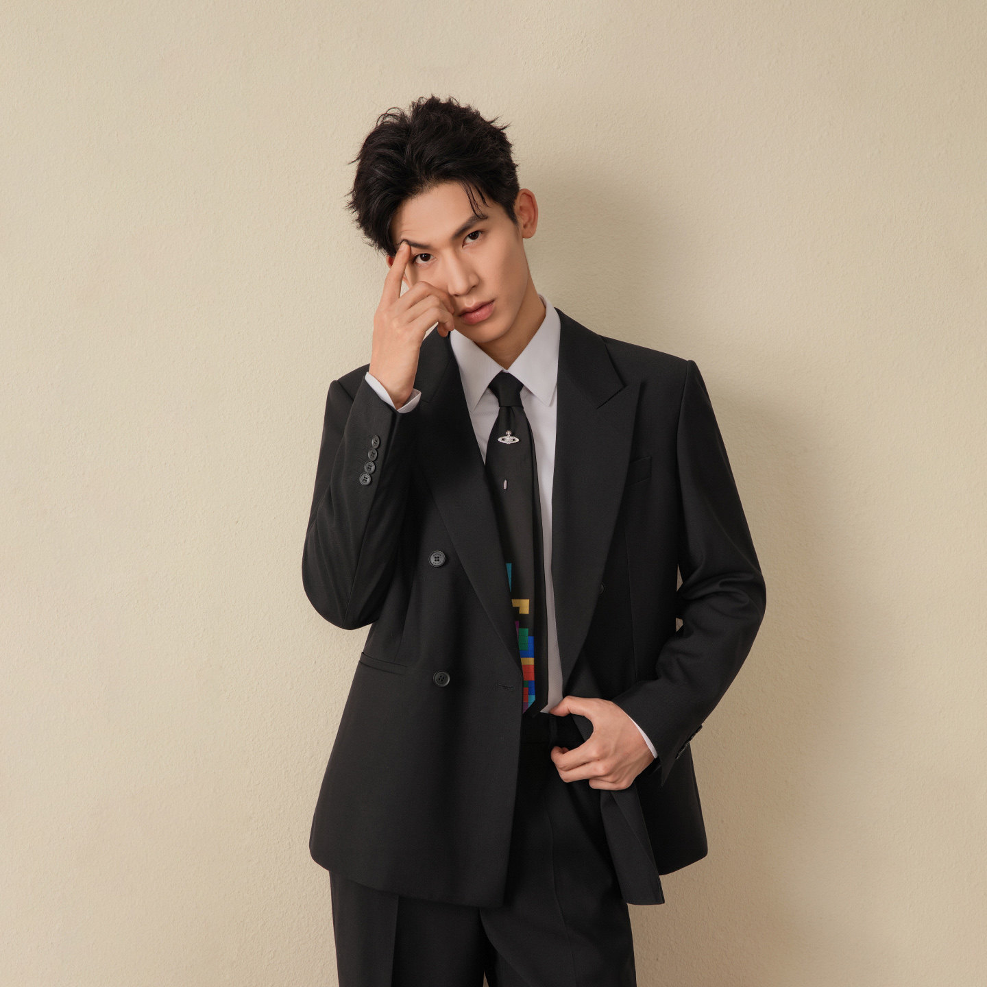 吉约蒙西装男套装黑色双排扣高级宽松阔版休闲时尚西服外套单西