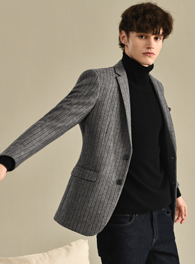 吉约蒙羊毛呢子短款大衣男灰色条纹西服高级感冬季加厚西装男外套