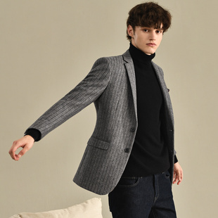 男外套 加厚西装 吉约蒙羊毛呢子短款 大衣男灰色条纹西服高级感冬季