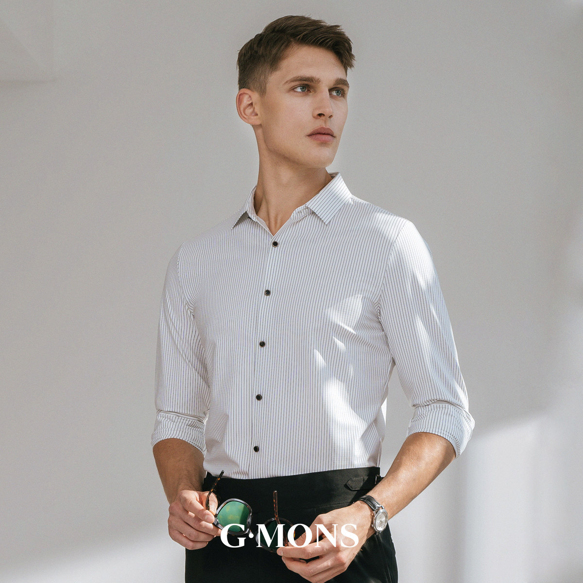 吉约蒙针织衬衫男长袖弹力修身白色条纹寸衫春季商务休闲高级衬衣