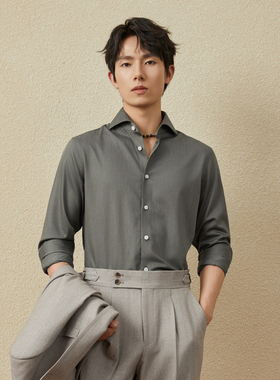 吉约蒙长袖衬衫男绿色商务休闲正装结婚温莎领结婚西装免烫衬衣