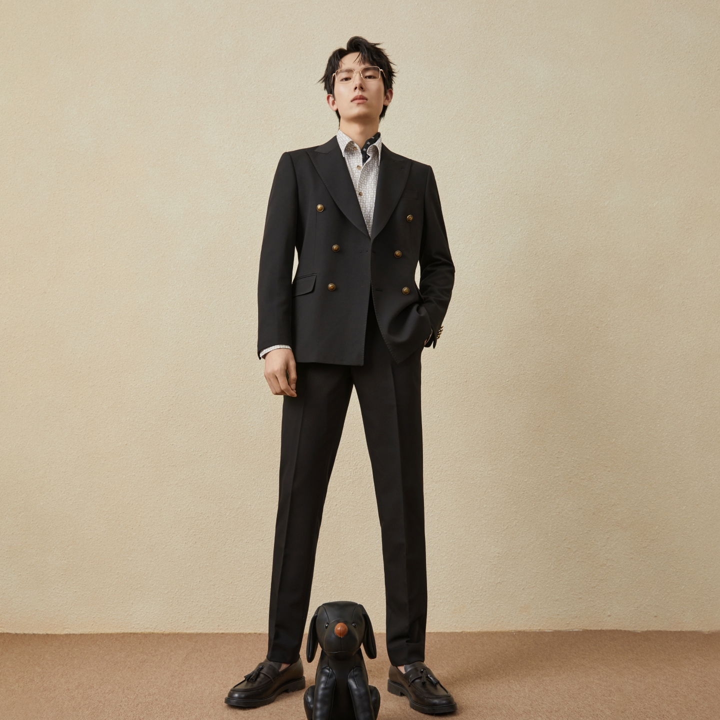 【布雷泽】吉约蒙双排扣西装套装男黑色商务新郎结婚西服外套单西