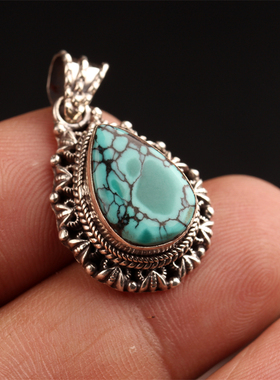 尼泊尔手工复古雕花纯银镶嵌绿松石民族风心形项链吊坠女