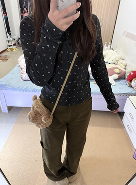 春秋冬新款碎花亨利领 T 恤女 磨毛韩系复古 修身内搭打底衫上衣