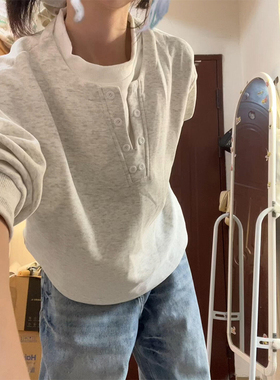 白灰色拼接圆领假两件卫衣女春秋冬新款休闲宽松情侣套头加绒上衣