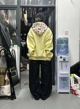 奶黄色星星拼接连帽拉链卫衣女春秋冬新款加绒加厚宽松开衫外套潮