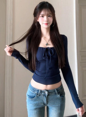 辣妹方领长袖t恤女春秋冬新款性感修身显瘦纯欲风内搭打底衫上衣