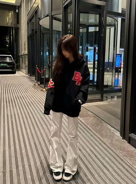 字母刺绣卫衣女春秋冬新款加绒加厚设计感小众宽松情侣装外套上衣