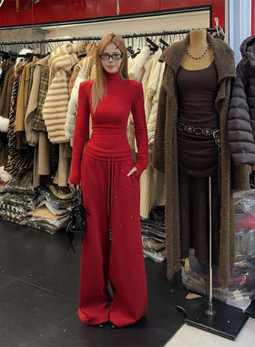 红色高领内搭长袖t恤女春秋冬新款辣妹风修身显瘦正肩打底衫上衣