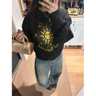 太阳神图腾印花圆领卫衣女春秋冬新款 复古加绒加厚外套上衣潮 美式