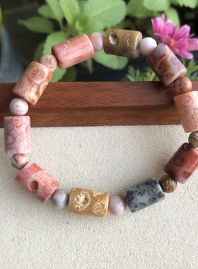 新品彩色幻彩晶洞共生珊瑚玉桶珠手链手串自然光实物拍摄