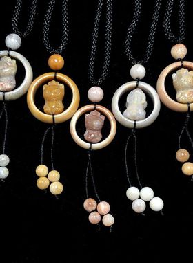 小熊吊坠男女珊瑚玉文玩项链