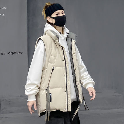 M家潮牌炸街工装羽绒马甲保暖外套女新款宽松马夹冬季立领羽绒服