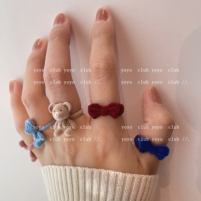 yoyoclub韩国毛绒绒小熊蝴蝶结戒指 开口植绒尾戒秋冬可爱戒子女